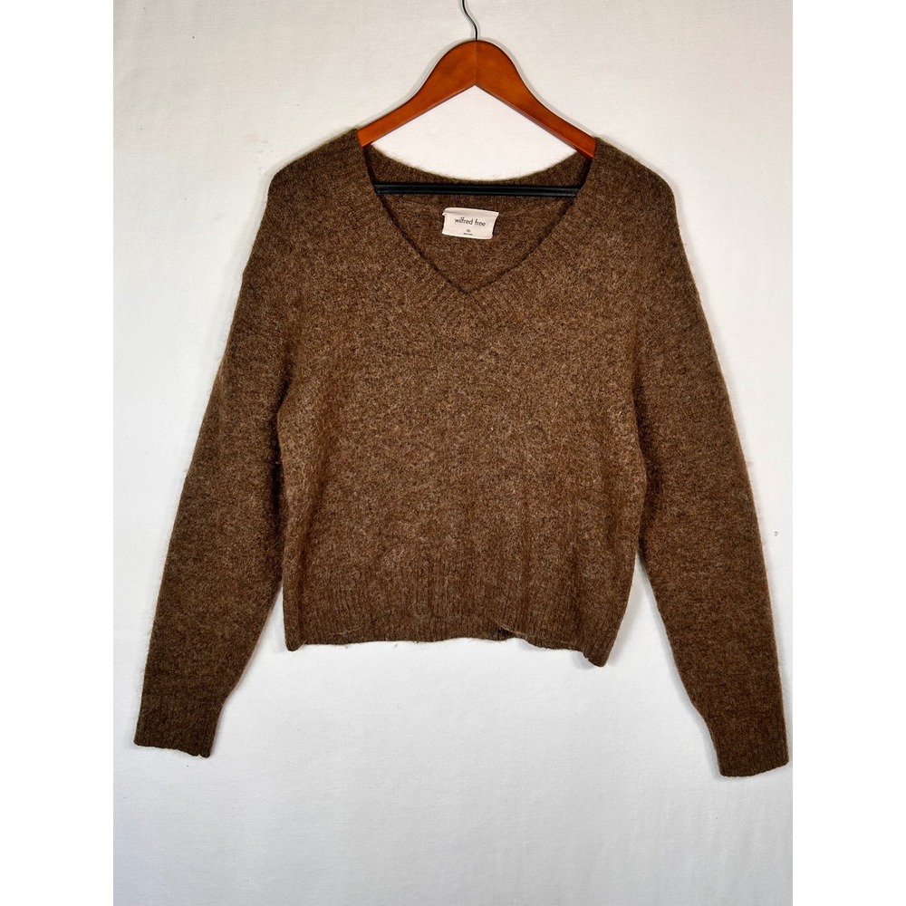 Wilfred Free Aritzia Brown Alpaca Wool Blend V-Neck Fuzzy Knit Sweater 2XS 1054